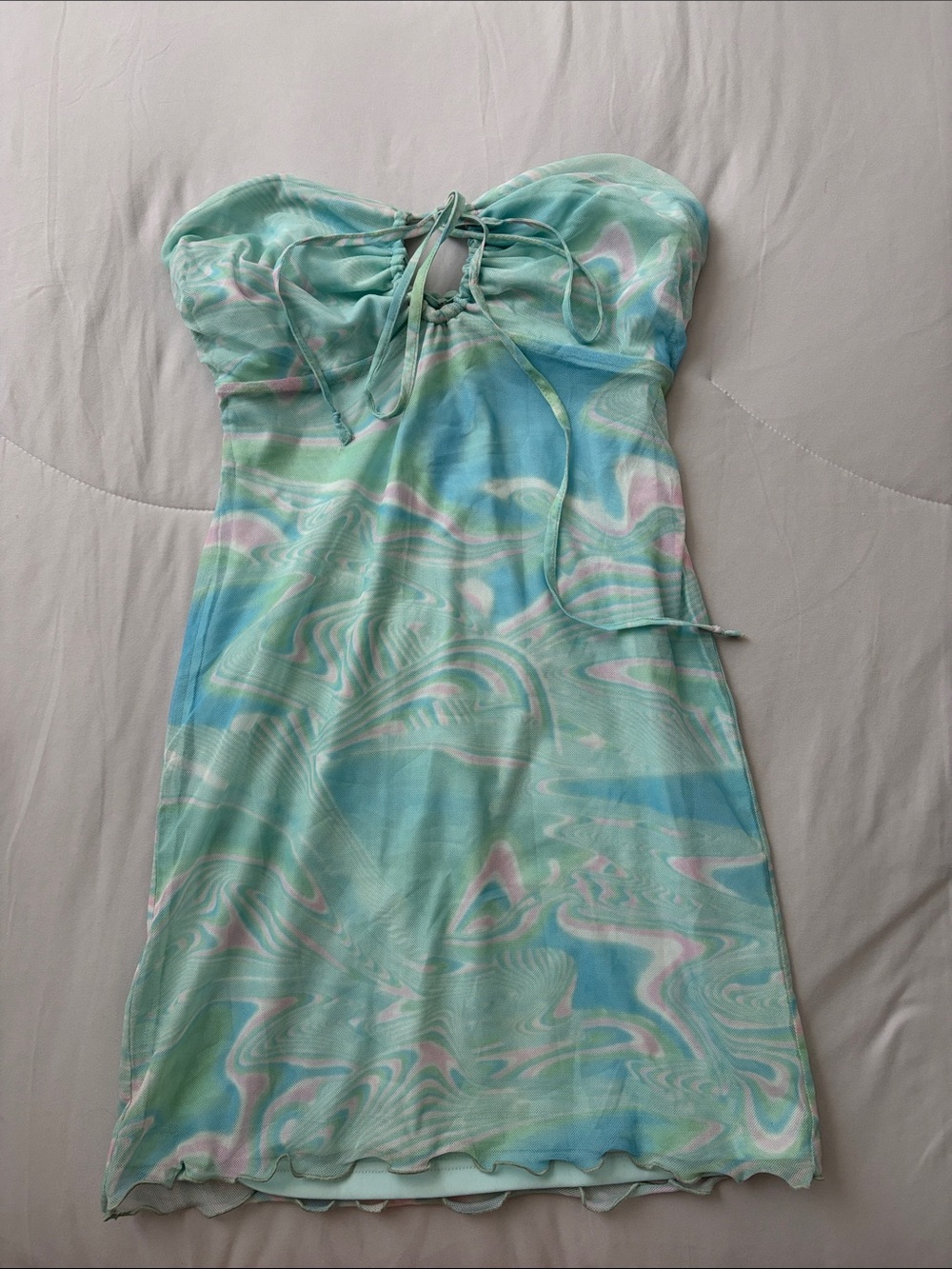 Cotton Candy Strapless Marble-Print Mini Dress in Aqua and Pale Pink